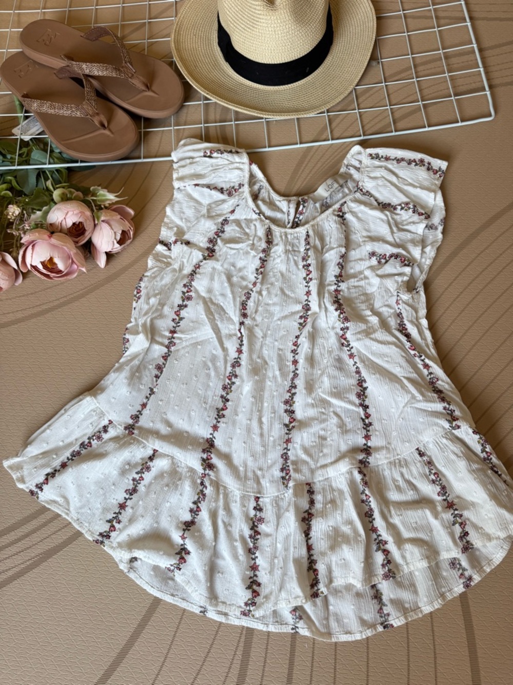 LOFT White Floral-Striped Ruffle Sleeve Tunic